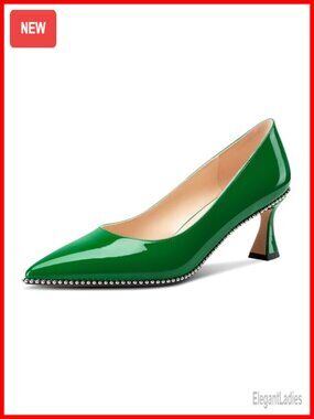 Kitten Heel Pointed Toe Pumps Slip-On Beaded Patent Leather Summer Heels